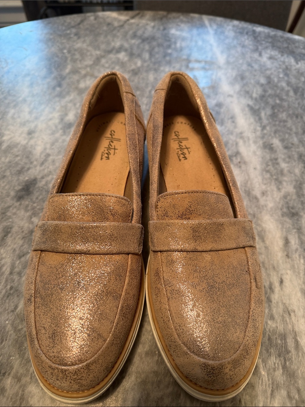 Clarks Metallic Taupe Suede Penny Loafers